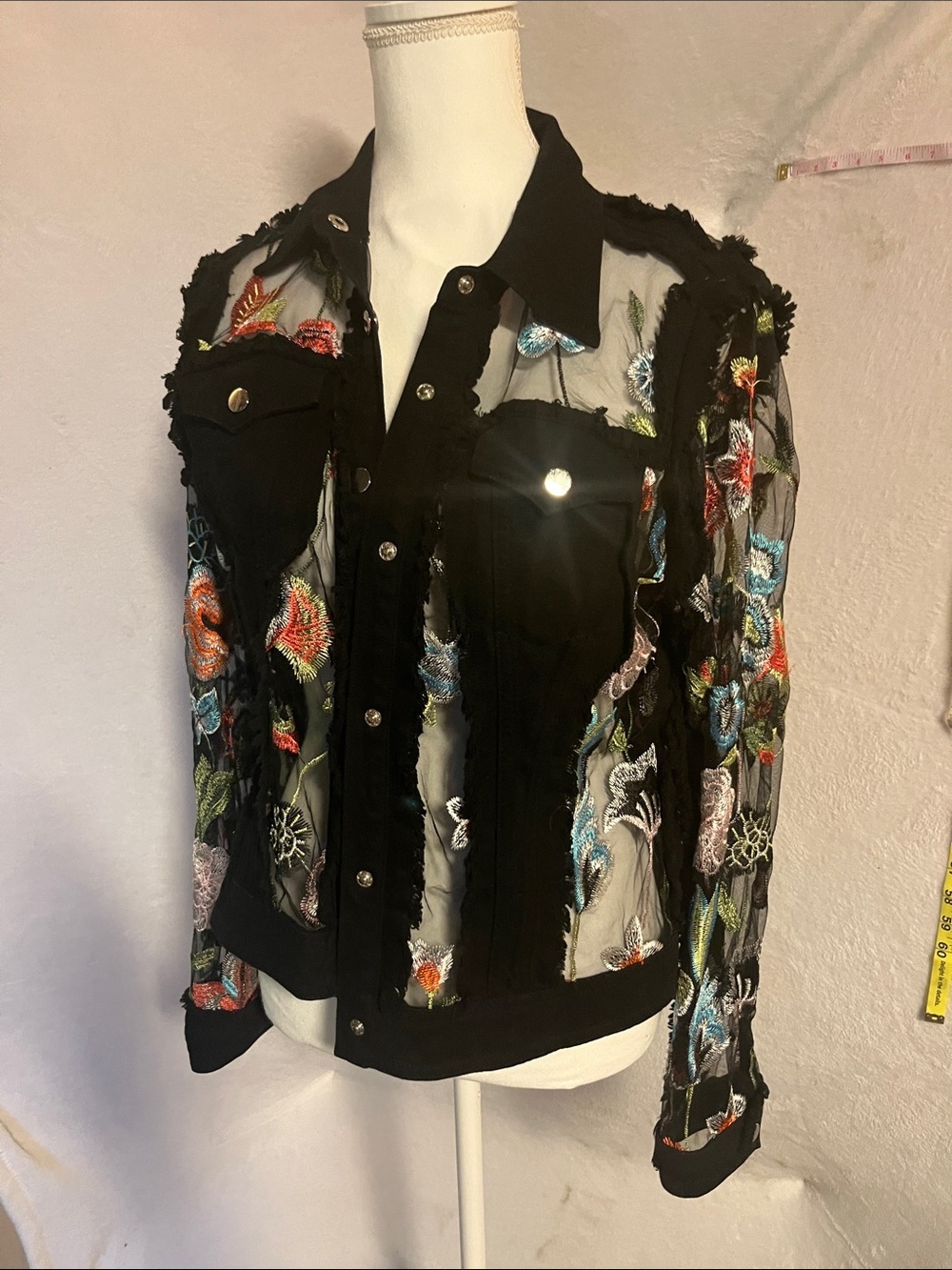 Adore Black Sheer Jean Jacket with Multicolor Floral Embroidery
